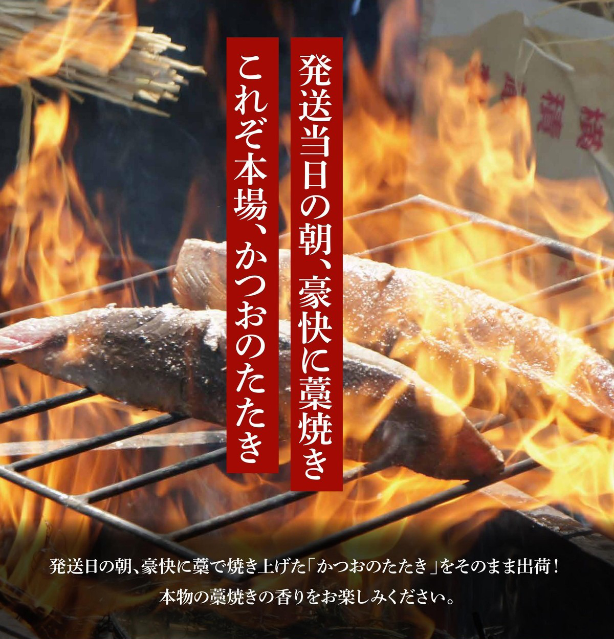 発送当日の朝、豪快に藁焼き。これぞ本場、かつおのたたき。